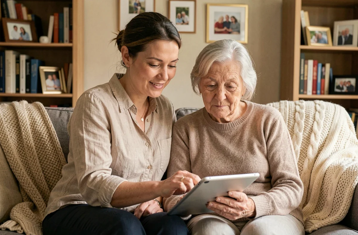 Une aidante aide sa mère âgée à utiliser une tablette numérique avec patience dans un salon confortable