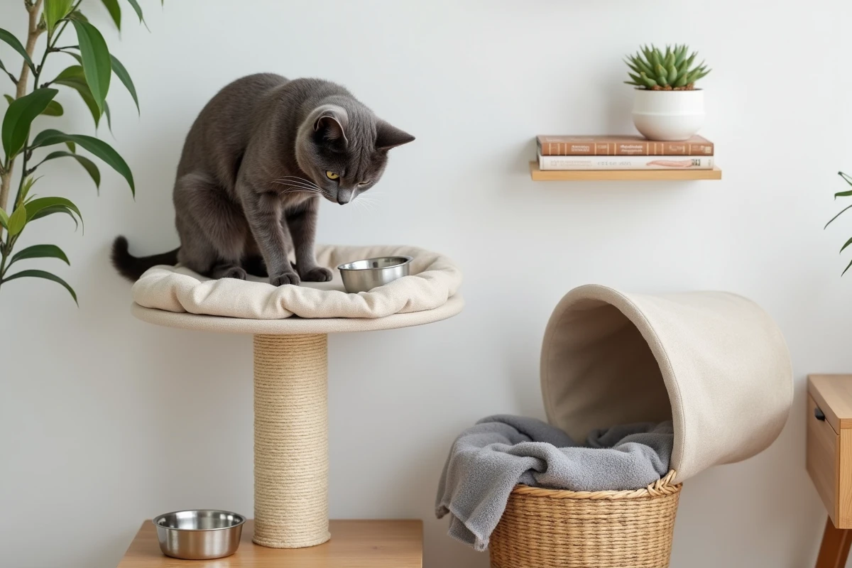 Coin bien aménagé pour chat dans un appartement moderne avec arbre à chat, gamelles et panier douillet pour le bien-être félin