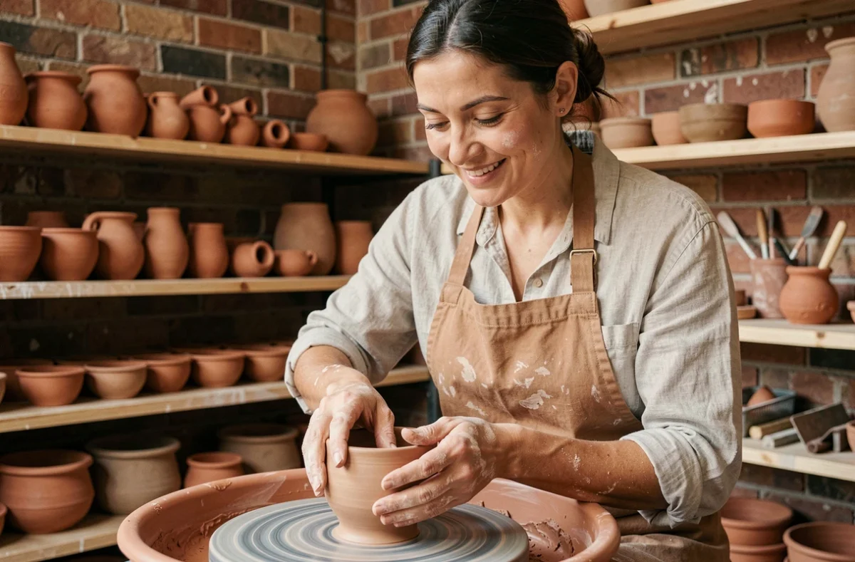 Femme faisant de la poterie dans un atelier artisanal urbain, activité originale à tester près de chez soi