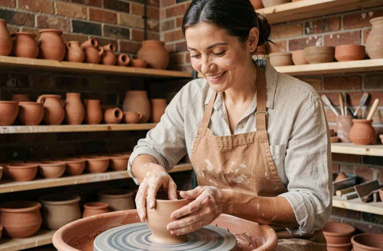 Femme faisant de la poterie dans un atelier artisanal urbain, activité originale à tester près de chez soi