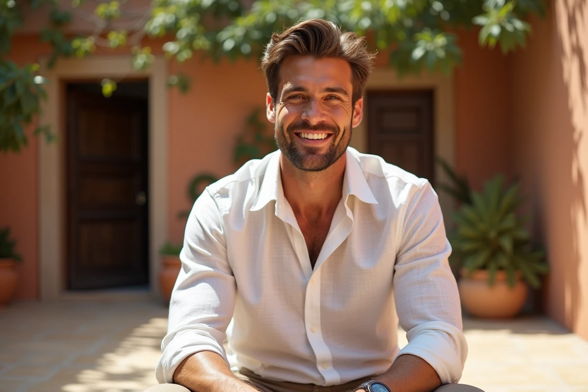 Homme athlétique au sourire charmeur photographié dans une cour méditerranéenne, illustrant les tendances beauté masculine pour 2026 sur les réseaux sociaux