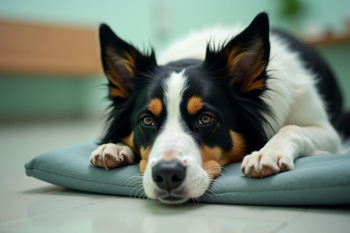 Border collie allongé sur son panier dans une salle d'attente vétérinaire après le toilettage, l'air fatigué et anxieux