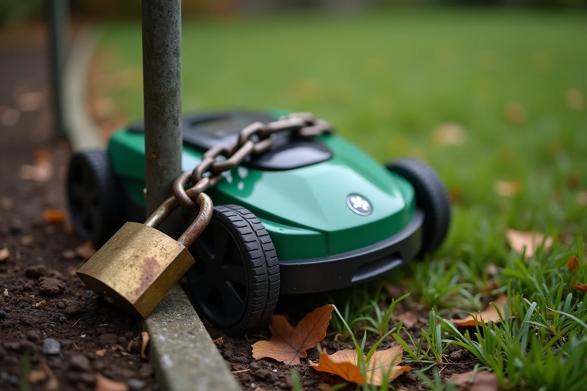 Robot tondeuse sécurisé avec un cadenas et une chaîne d'ancrage au sol dans un jardin en automne
