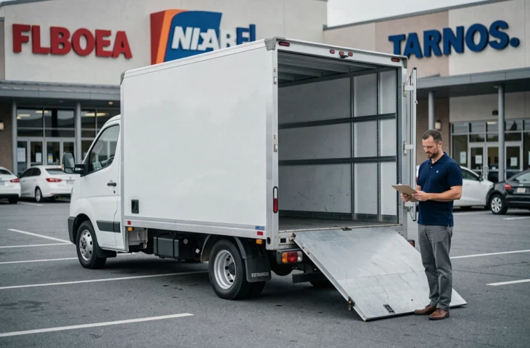 Camion de déménagement 20m3 avec hayon hydraulique garé devant un centre commercial, agent de location à côté