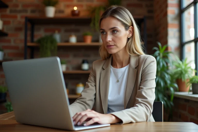 Cheffe d'entreprise analysant la visibilité en ligne de sa petite boutique sur un ordinateur portable