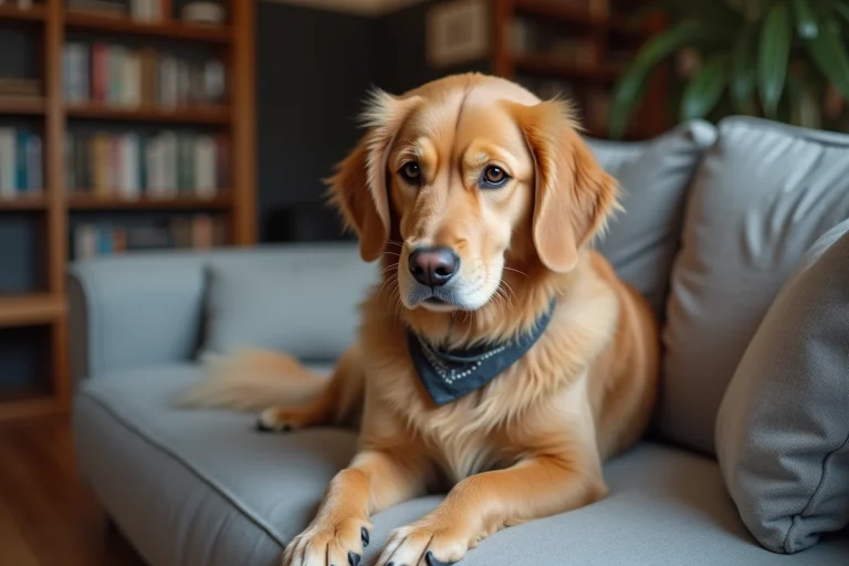 Chien golden retriever déprimé après le toilettage assis sur un canapé gris dans un salon chaleureux