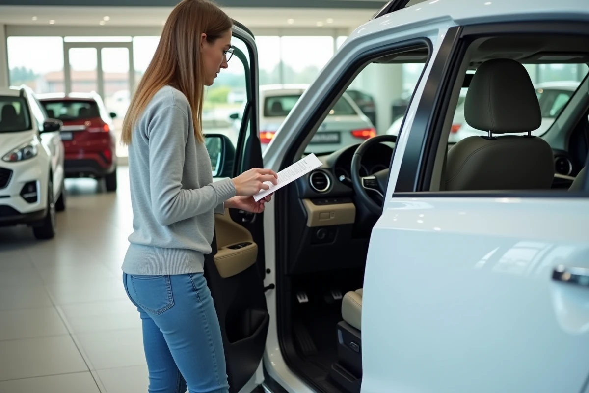 Femme examinant l'intérieur d'un SUV blanc dans une salle d'exposition automobile