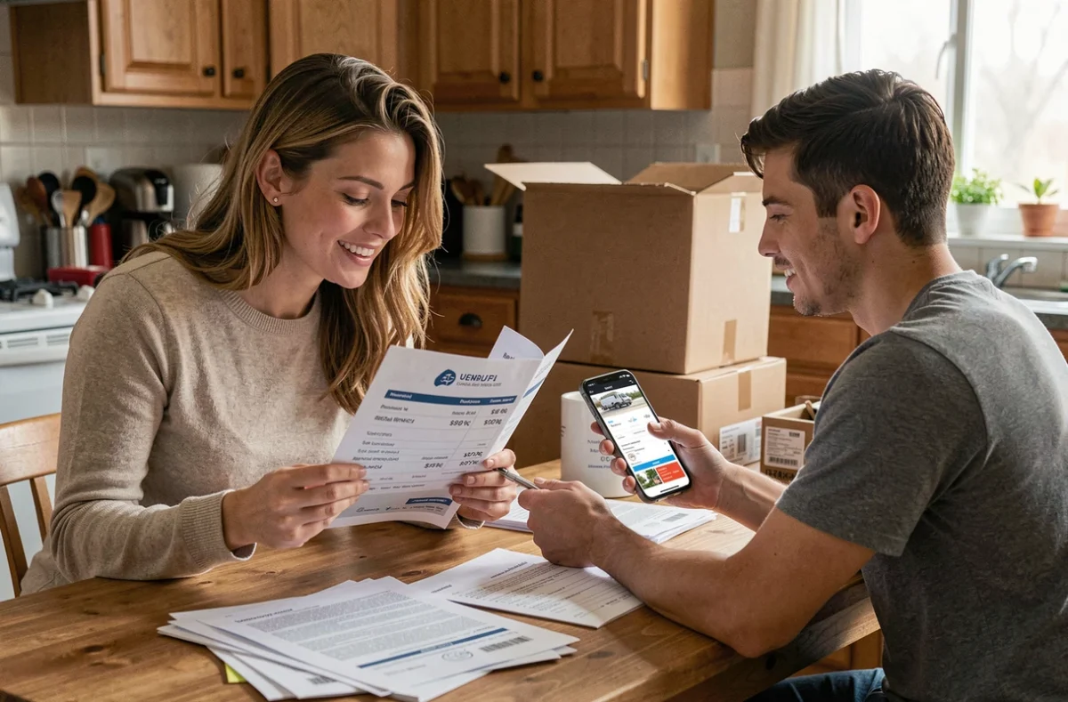 Couple comparant les tarifs de location de camion 20m3 sur smartphone et brochures papier avant un déménagement