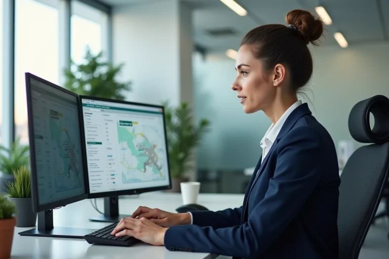 Professionnelle se connectant à un logiciel de suivi de flotte Deveryware sur un poste de travail en bureau moderne