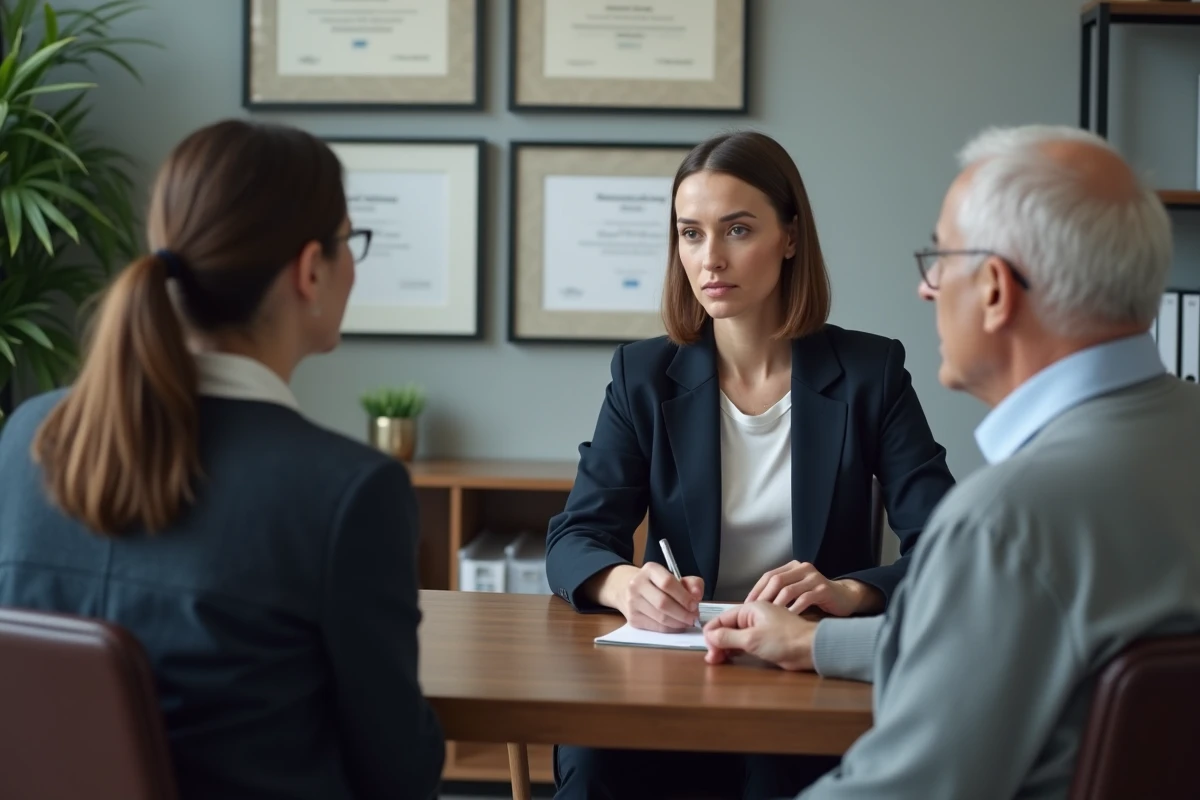 Conseillère funéraire en consultation avec un couple en deuil dans un bureau professionnel et rassurant