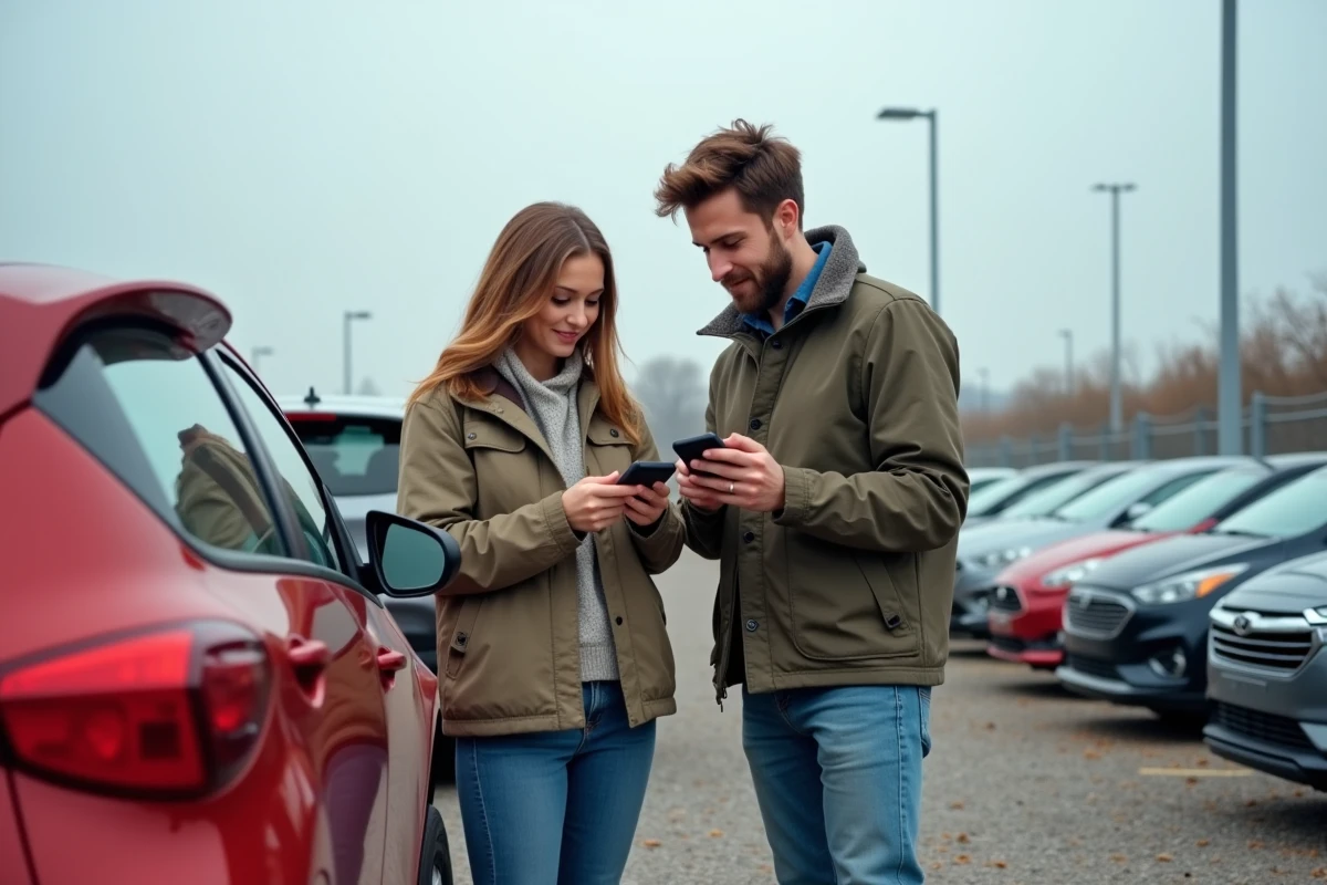Couple comparant des voitures d'occasion dans un parking de concessionnaire en consultant un annuaire automobile sur smartphone