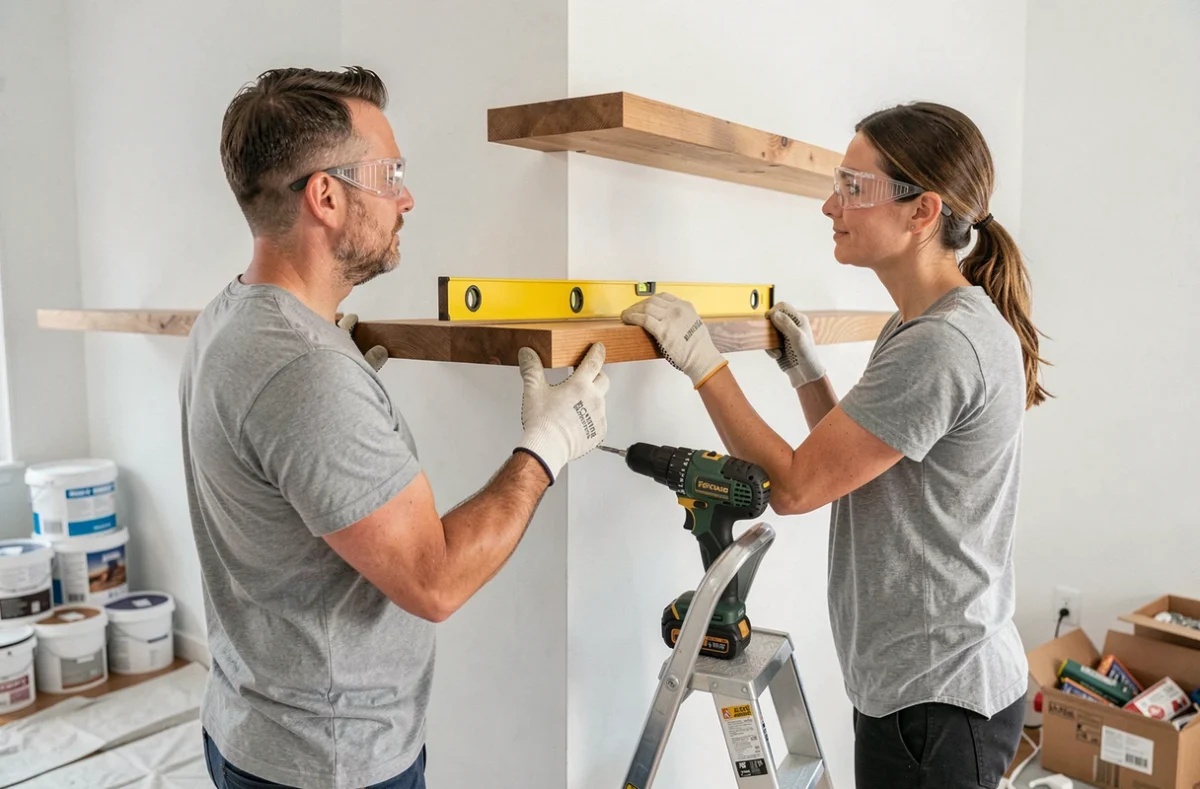 Couple installant une étagère en bois sur un mur blanc lors de travaux de rénovation à domicile