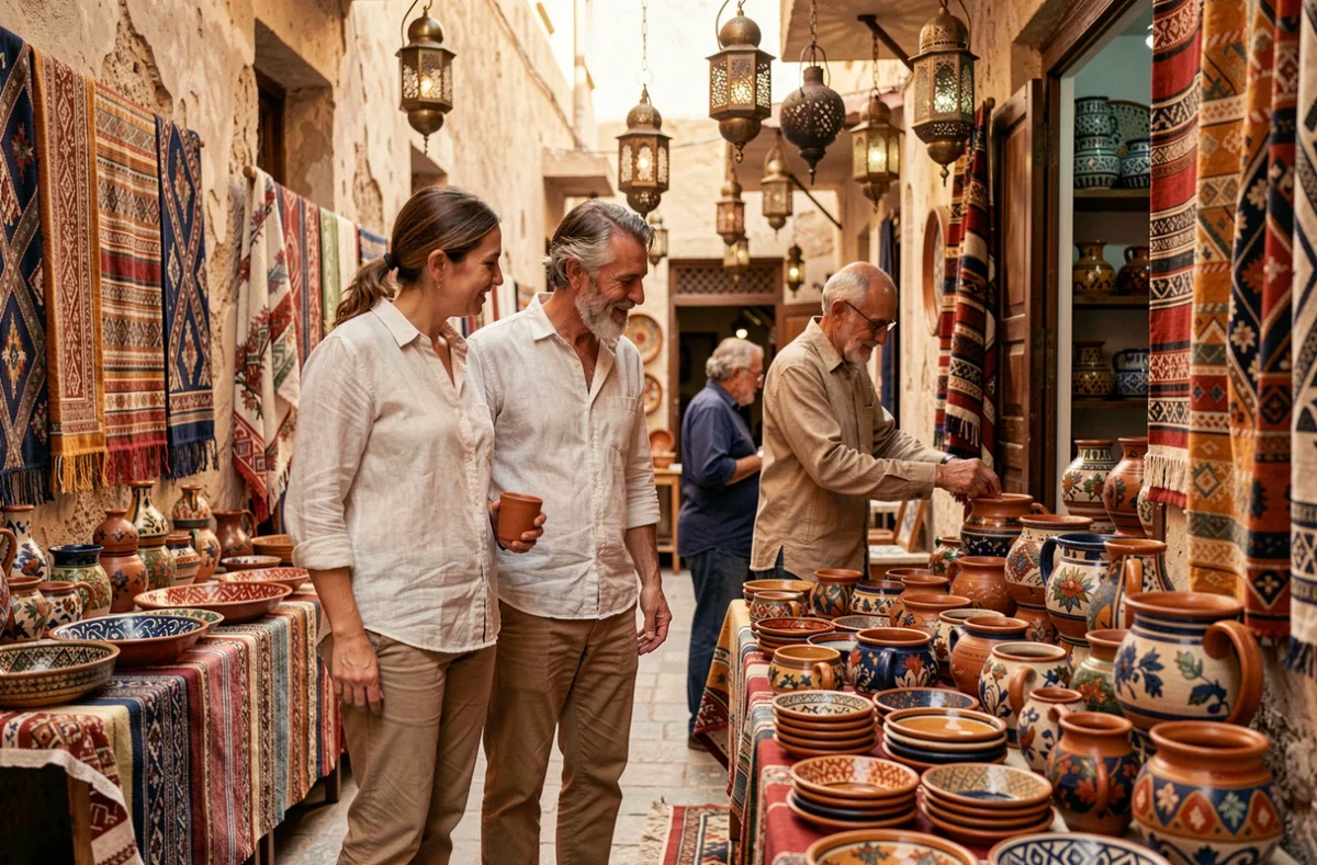 Couple découvrant l'artisanat local dans une médina nord-africaine lors d'un voyage culturel sur mesure