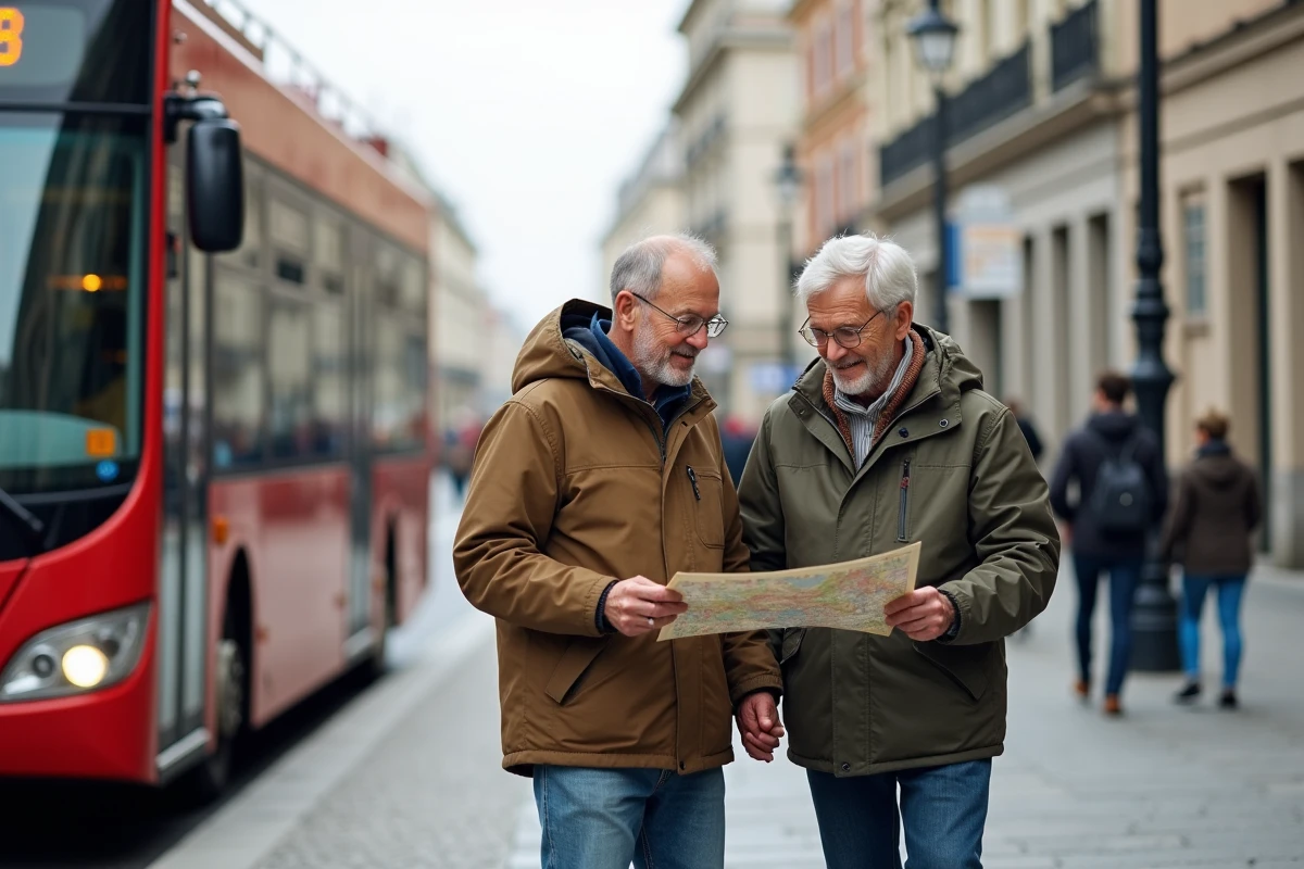 Couple retraité regardant la carte en ville
