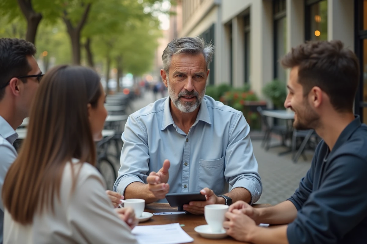Homme entrepreneur discutant avec une équipe dans un café en plein air