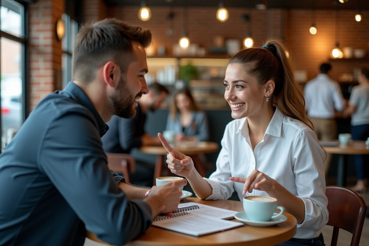 Échange commercial entre un consultant indépendant et un entrepreneur en tête-à-tête dans un café professionnel