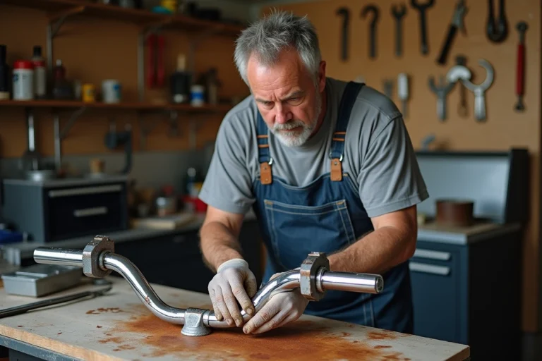 Homme appliquant un produit anti-rouille sur un guidon de moto en chrome dans un atelier de garage