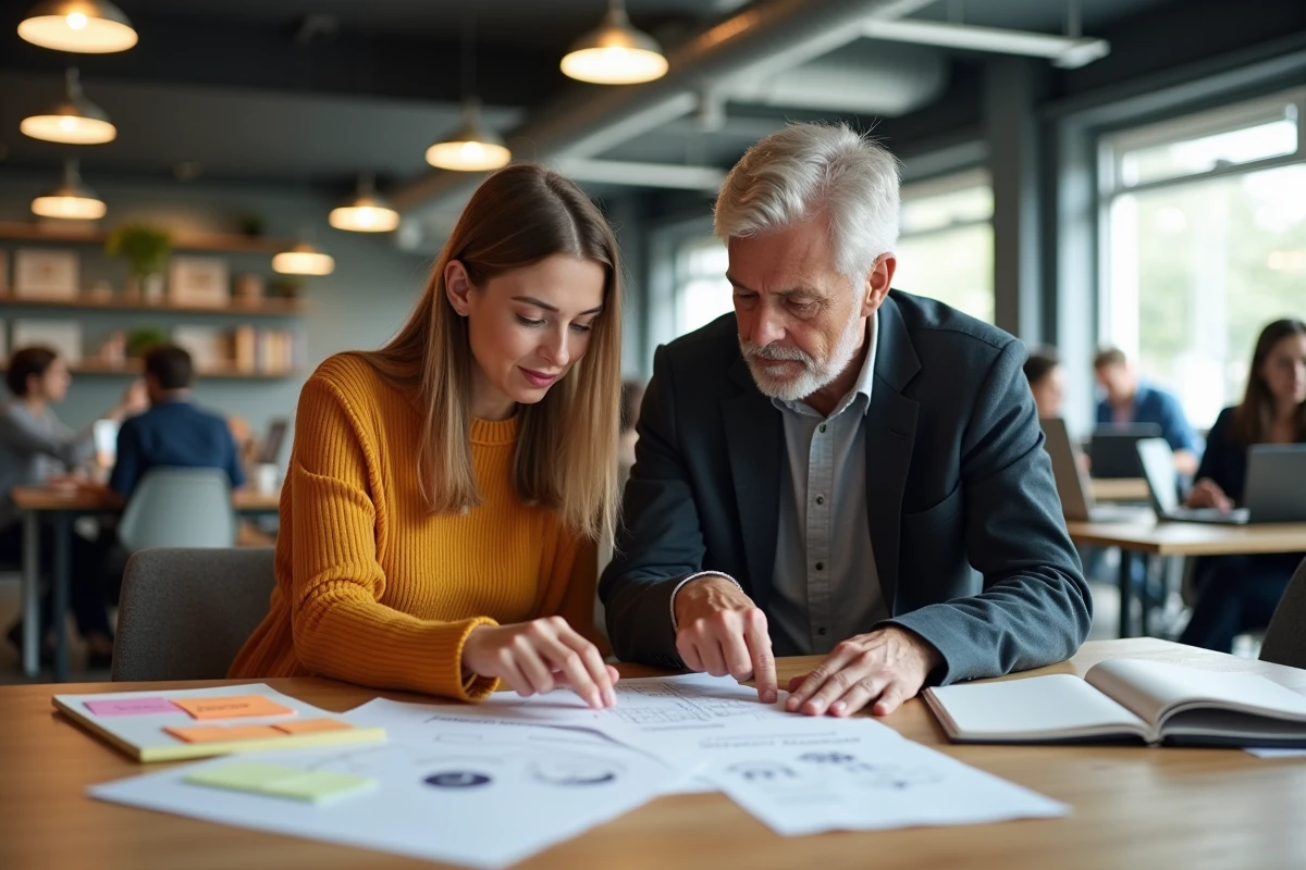 Deux entrepreneurs collaborant sur une stratégie marketing à petit budget dans un espace de coworking