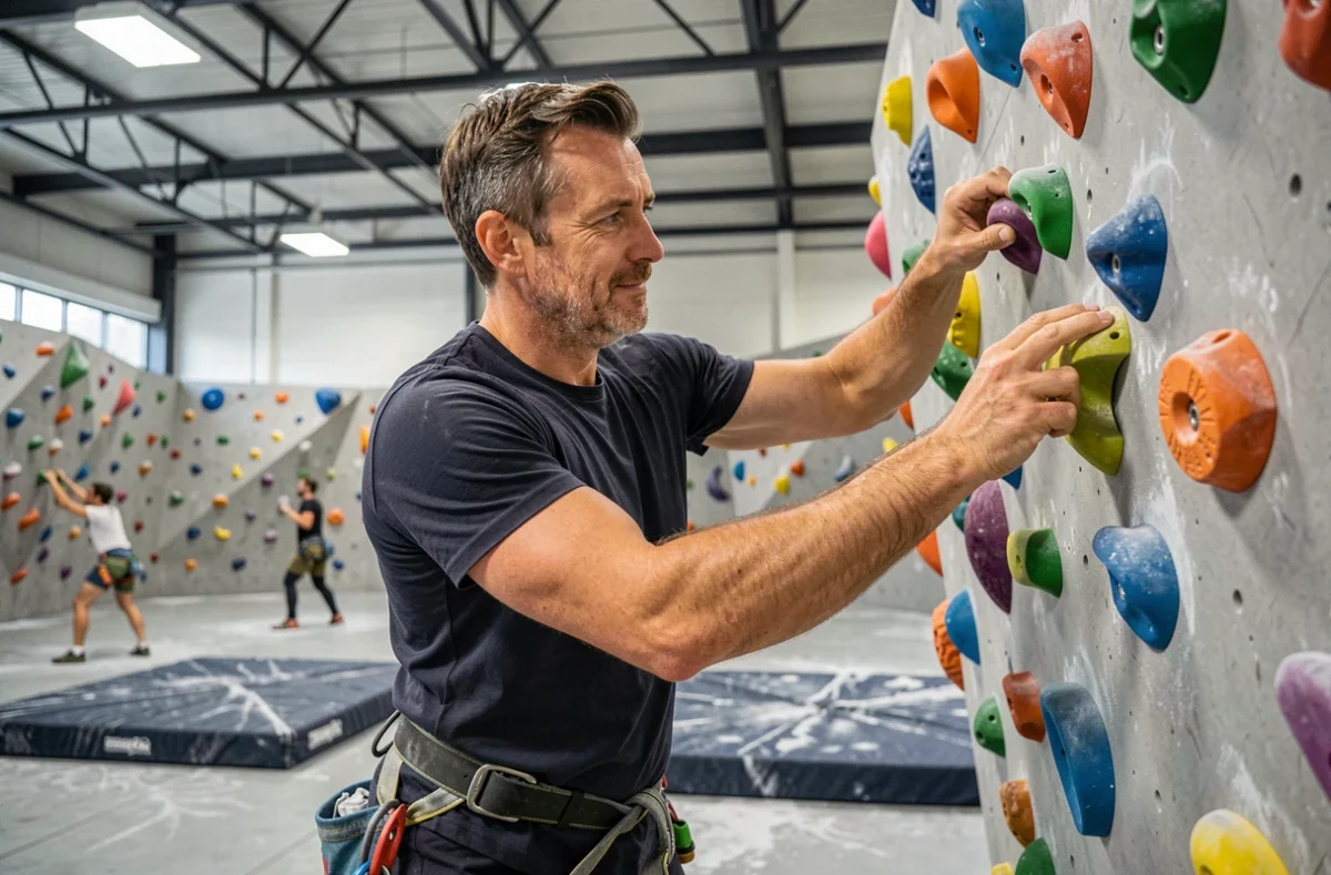 Homme en train d'escalader un mur de bloc dans une salle d'escalade, activité sportive originale à découvrir
