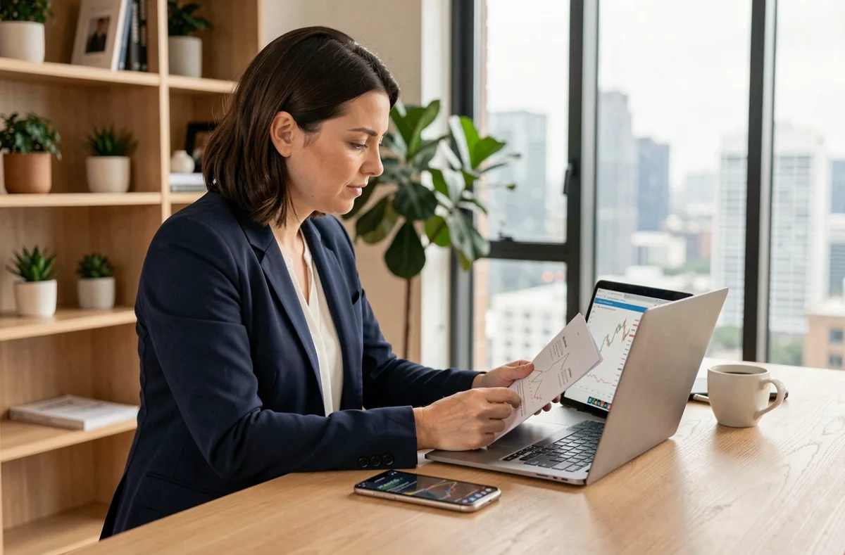 Femme professionnelle analysant des actualités financières sur un ordinateur portable dans un bureau moderne à domicile