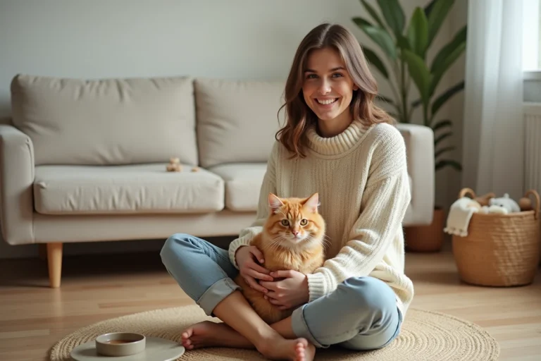 Jeune femme qui caresse affectueusement son chat tigré orange dans un salon chaleureux et bien aménagé pour accueillir un félin