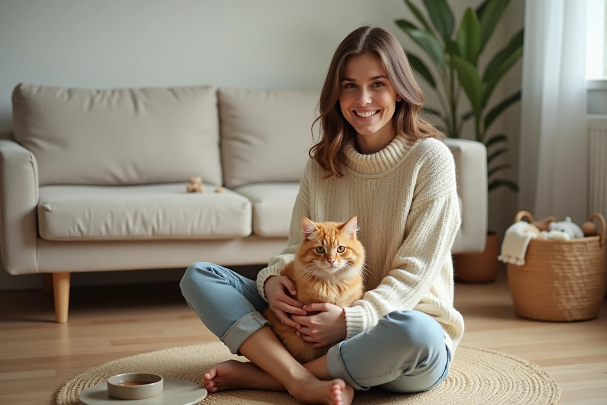 Jeune femme qui caresse affectueusement son chat tigré orange dans un salon chaleureux et bien aménagé pour accueillir un félin
