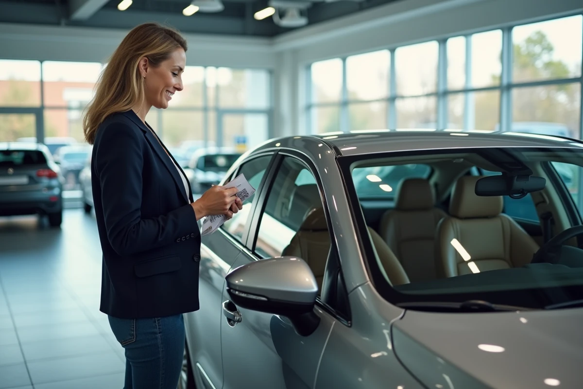 Femme examinant une voiture dans une concession automobile avec une brochure à la main