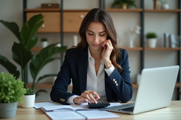 Femme en blazer calculant ses investissements dans un bureau moderne
