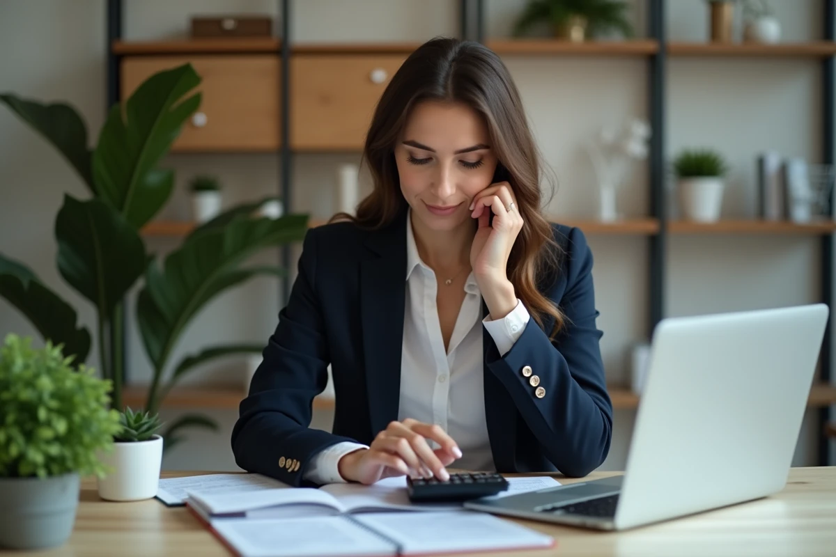 Femme en blazer calculant ses investissements dans un bureau moderne