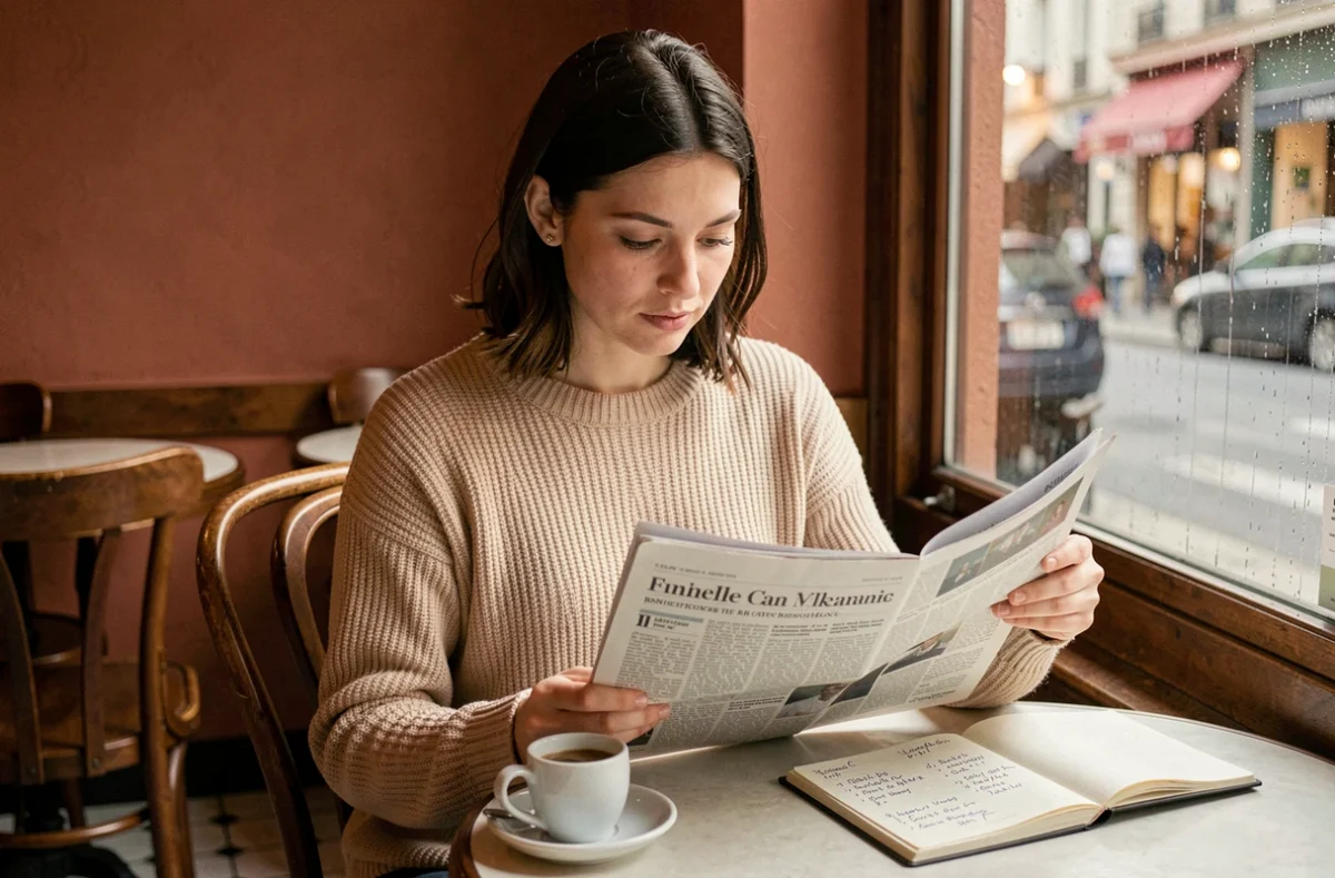 Jeune femme lisant un journal financier dans un café parisien avec un carnet de notes budgétaires sur la table
