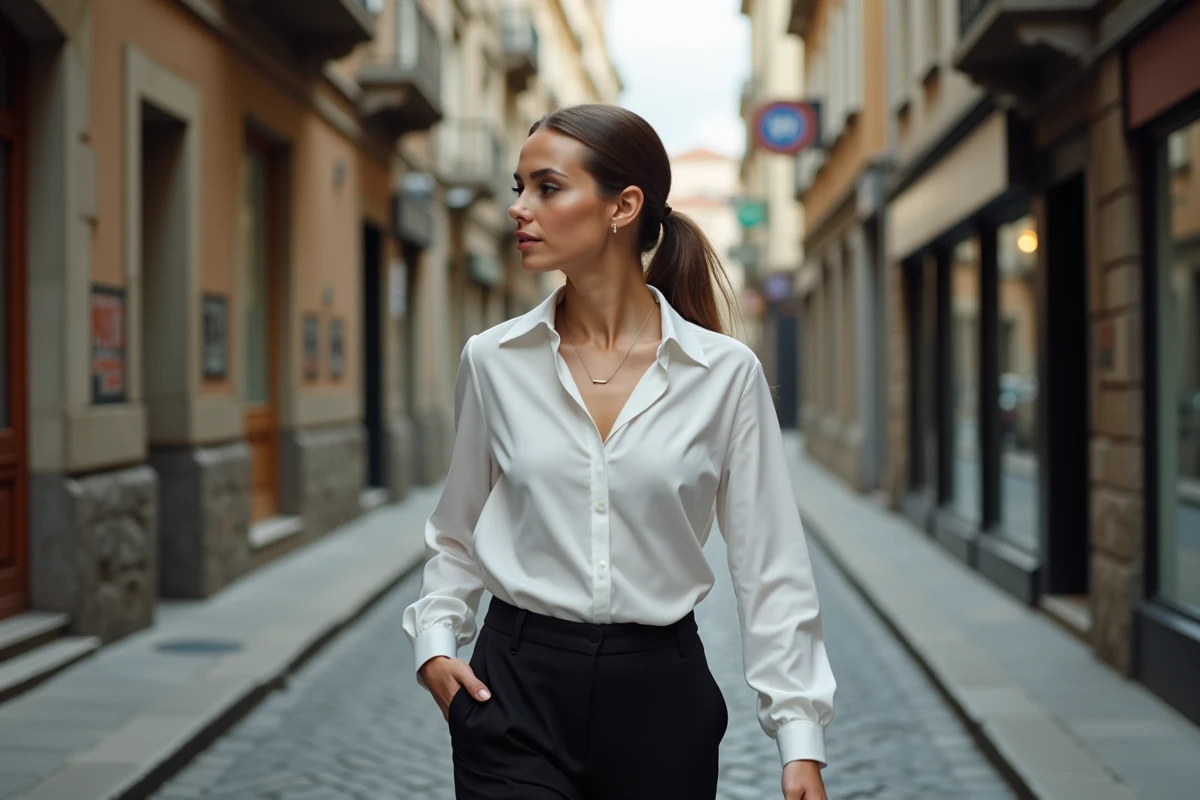 Femme confiante marchant dans une rue pavée urbaine