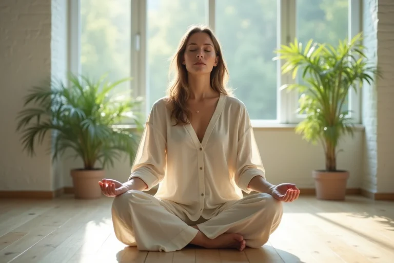 Femme en méditation profonde dans une pièce minimaliste, symbolisant la connexion à la 5ème dimension et l'élévation de conscience