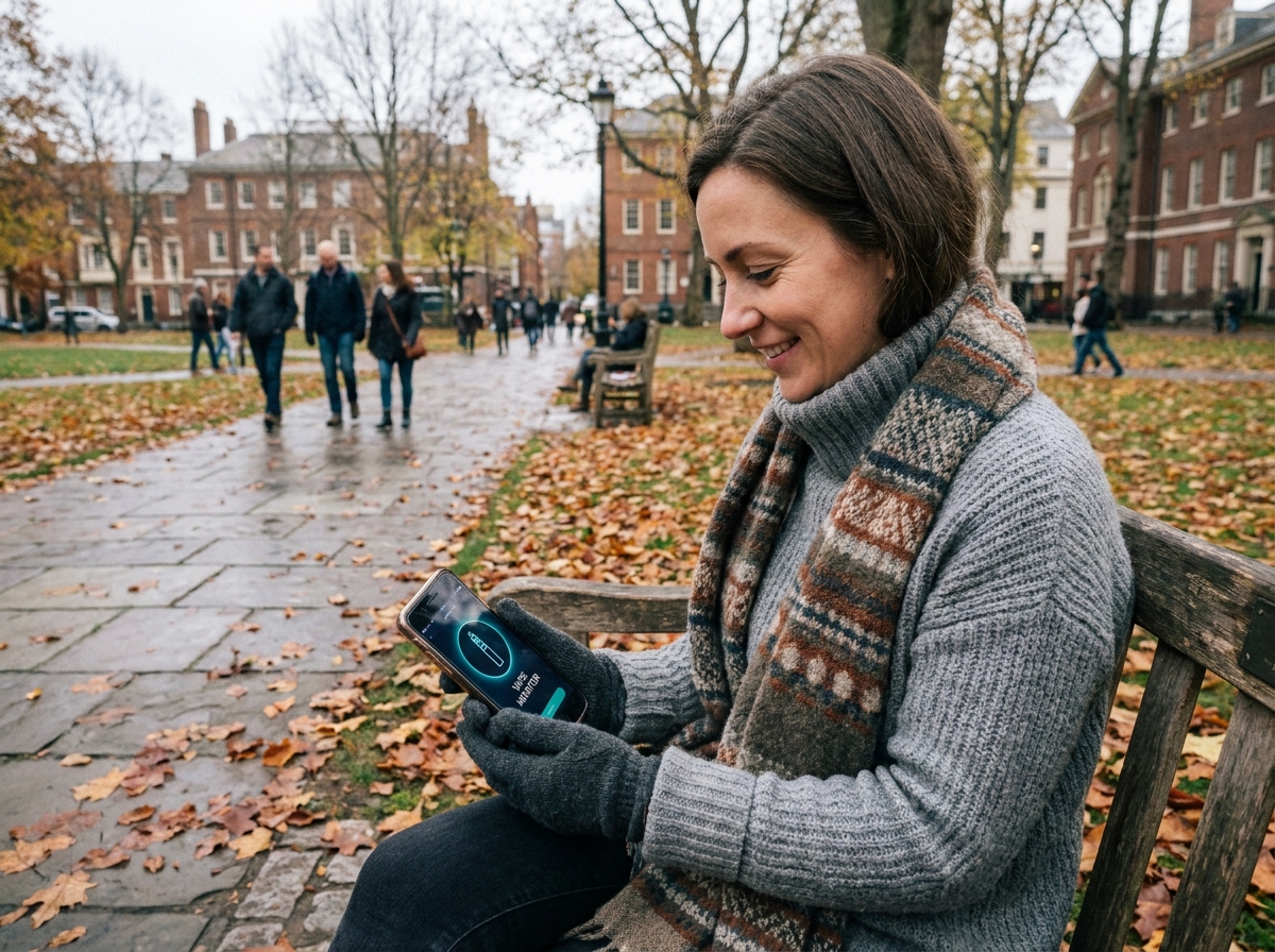 Femme consultante une application vape sur smartphone dans un parc urbain