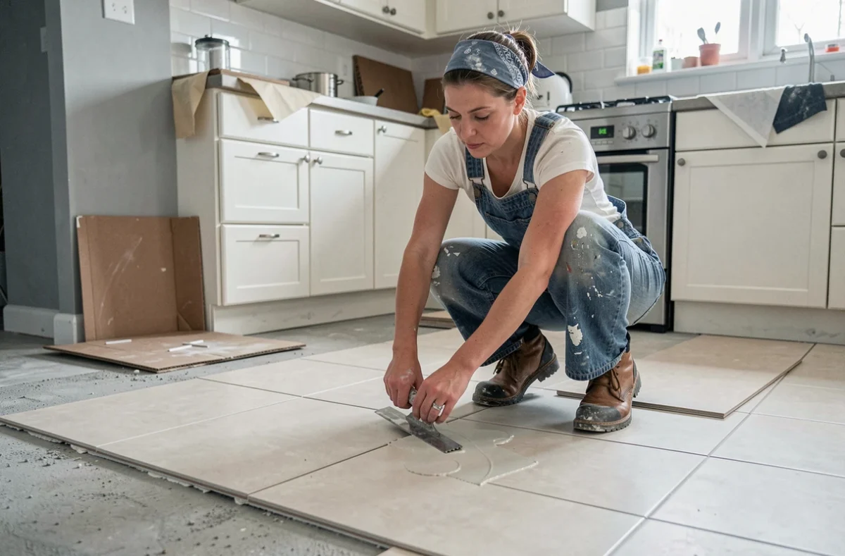 Femme posant du carrelage dans une cuisine en rénovation avec une truelle crantée