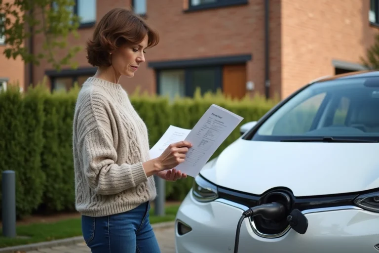Femme dans la quarantaine vérifiant facture d énergie près d'une voiture électrique