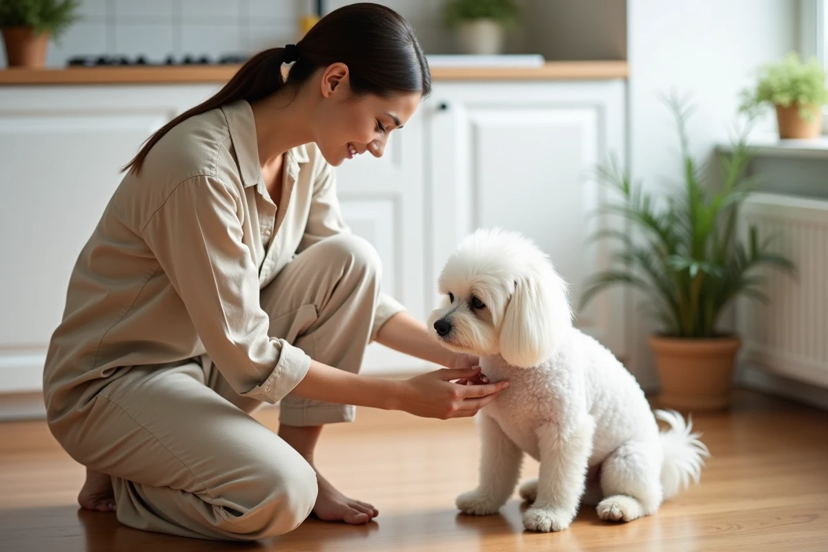 Femme réconfortant son bichon frisé après une séance de toilettage dans une cuisine moderne