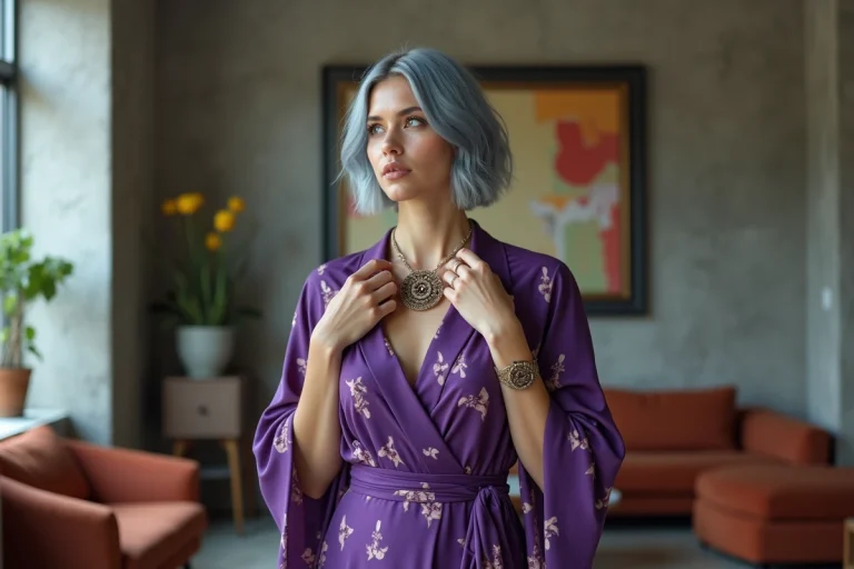 Femme élégante en robe violette ajustant une broche vintage