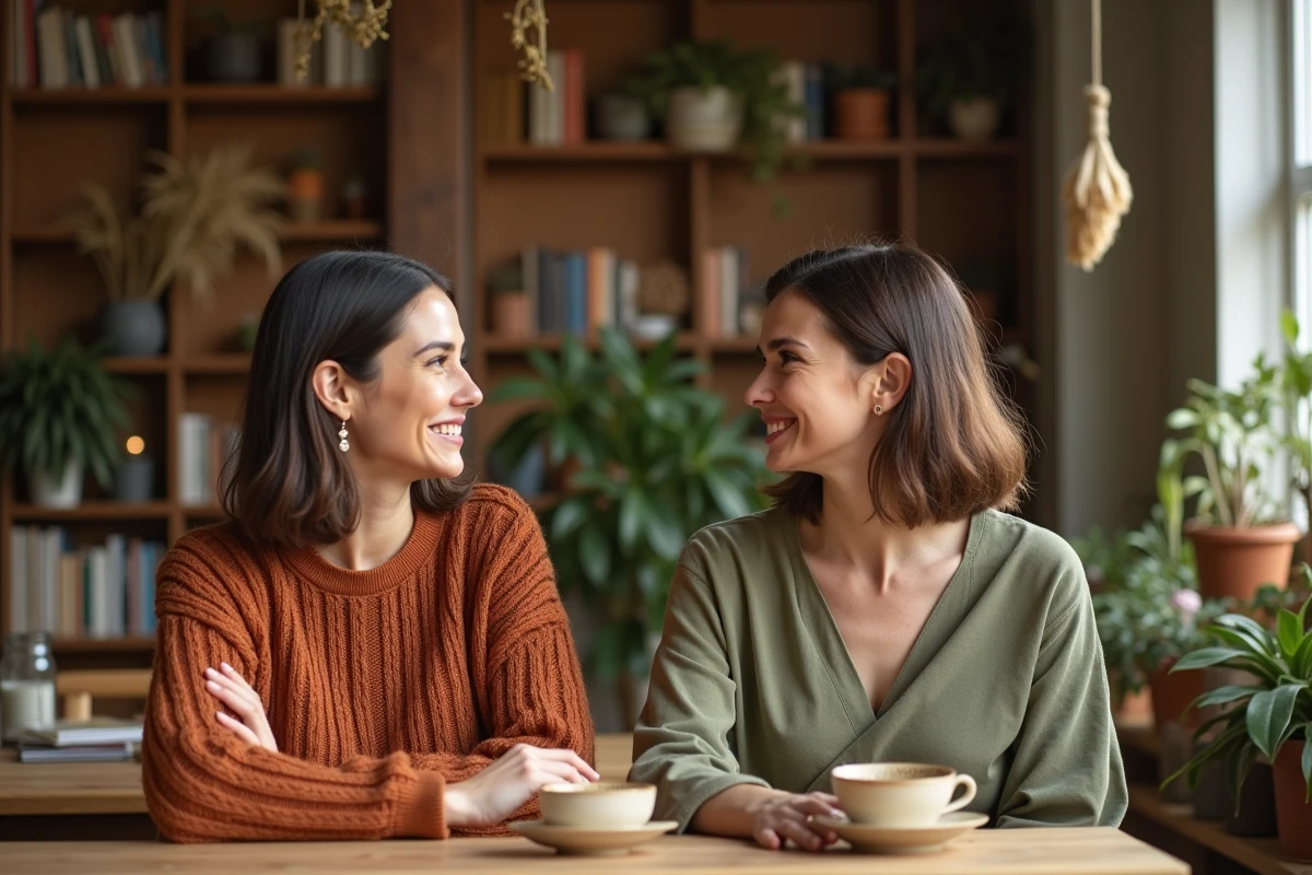 Deux femmes en conversation consciente et bienveillante dans un intérieur naturel, illustrant la vie quotidienne en 5ème dimension