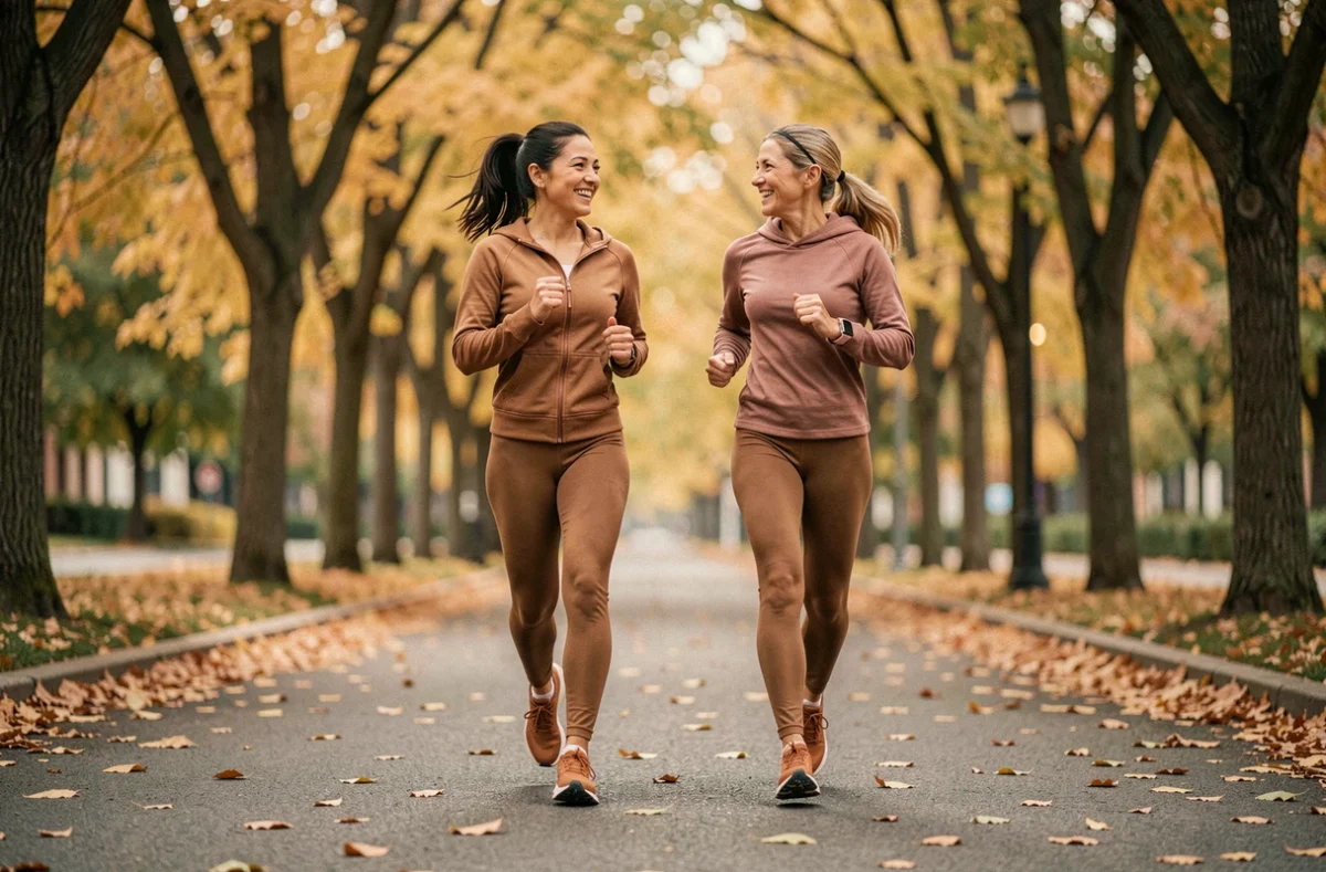 Deux femmes faisant du jogging dans un parc en automne, tendances fitness et santé bien-être en plein air