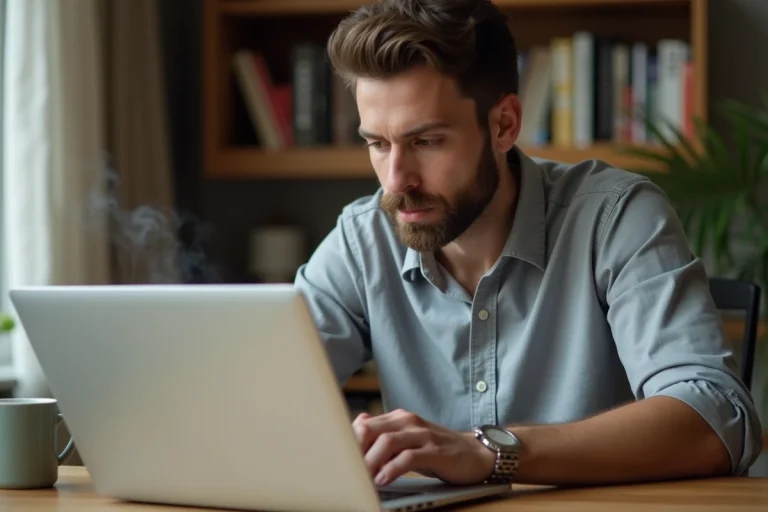 Homme consultant un annuaire automobile en ligne sur son ordinateur portable dans un bureau à domicile