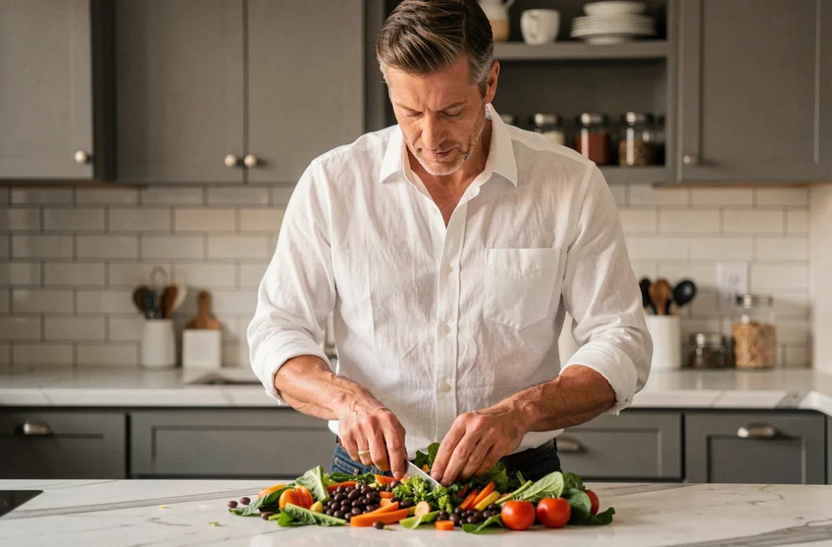Homme préparant une salade fraîche et colorée dans une cuisine moderne pour une alimentation saine au quotidien