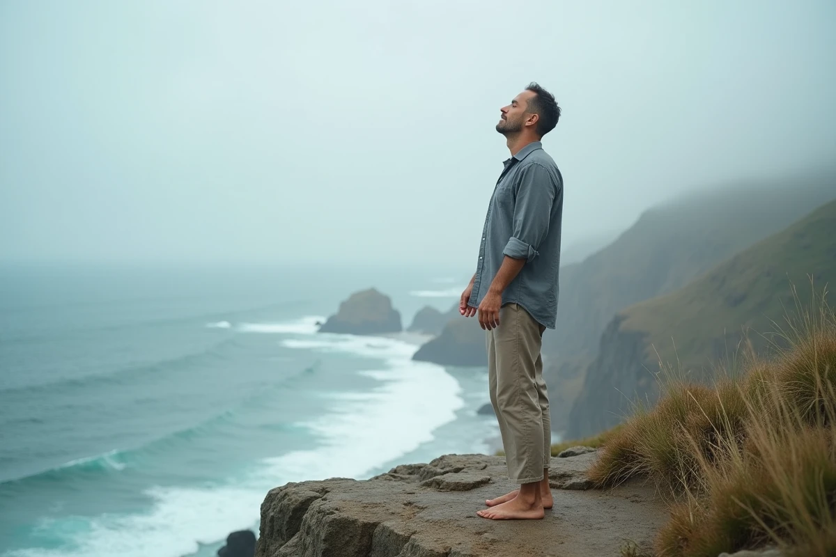 Homme debout sur une falaise côtière face à l'océan, évoquant l'éveil spirituel et la vie en cinquième dimension