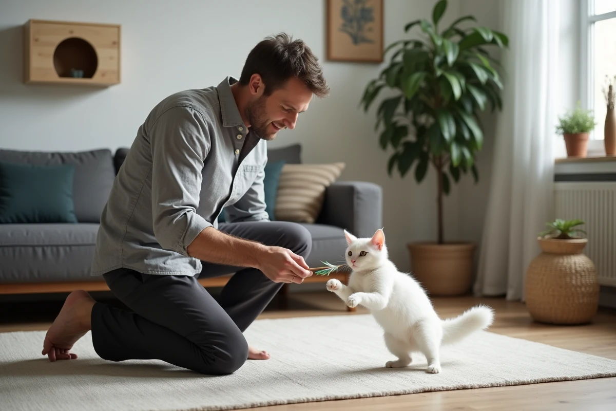 Homme jouant avec son chat blanc à l'aide d'un jouet plume dans un salon scandinave aménagé pour accueillir un félin