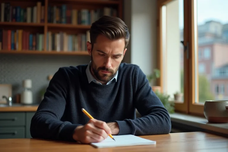 Homme pensif lisant une lettre dans un appartement cosy