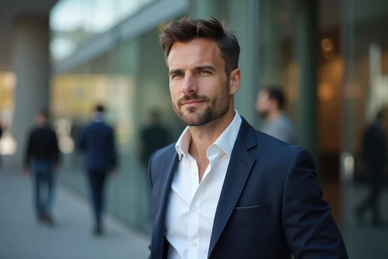 Portrait éditorial d'un homme élégant et séduisant posant en ville, candidat potentiel au titre d'homme le plus beau du monde 2026