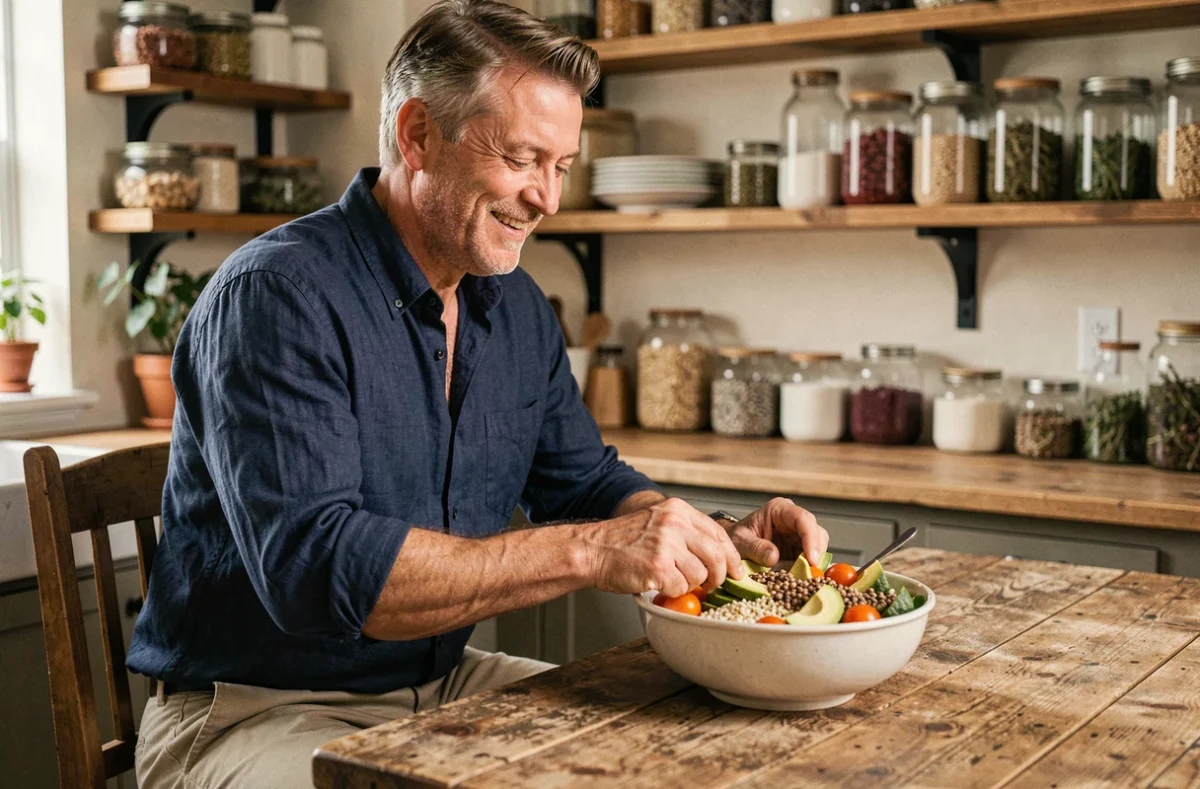 Homme préparant un repas sain et équilibré dans une cuisine rustique, conseils nutrition et bien-être
