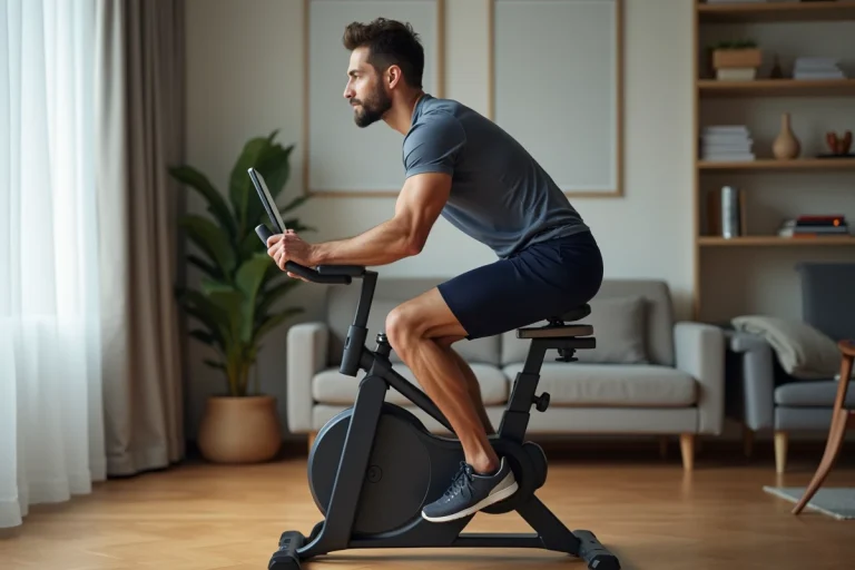 Homme en entraînement sur vélo d'intérieur dans un appartement moderne
