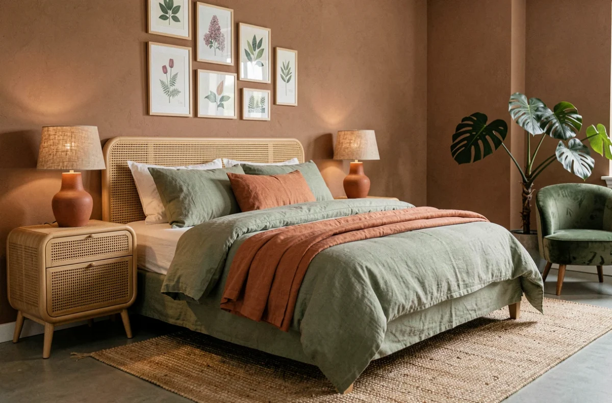 Chambre décorée avec literie en lin sauge et terracotta, tête de lit en rotin et mur de cadres botaniques pour une déco intérieure tendance