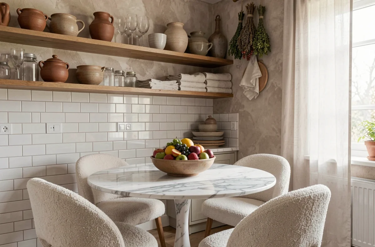 Coin repas de cuisine française avec table en marbre, chaises bouclé et étagères en bois garnies de poteries artisanales pour une décoration chic et conviviale