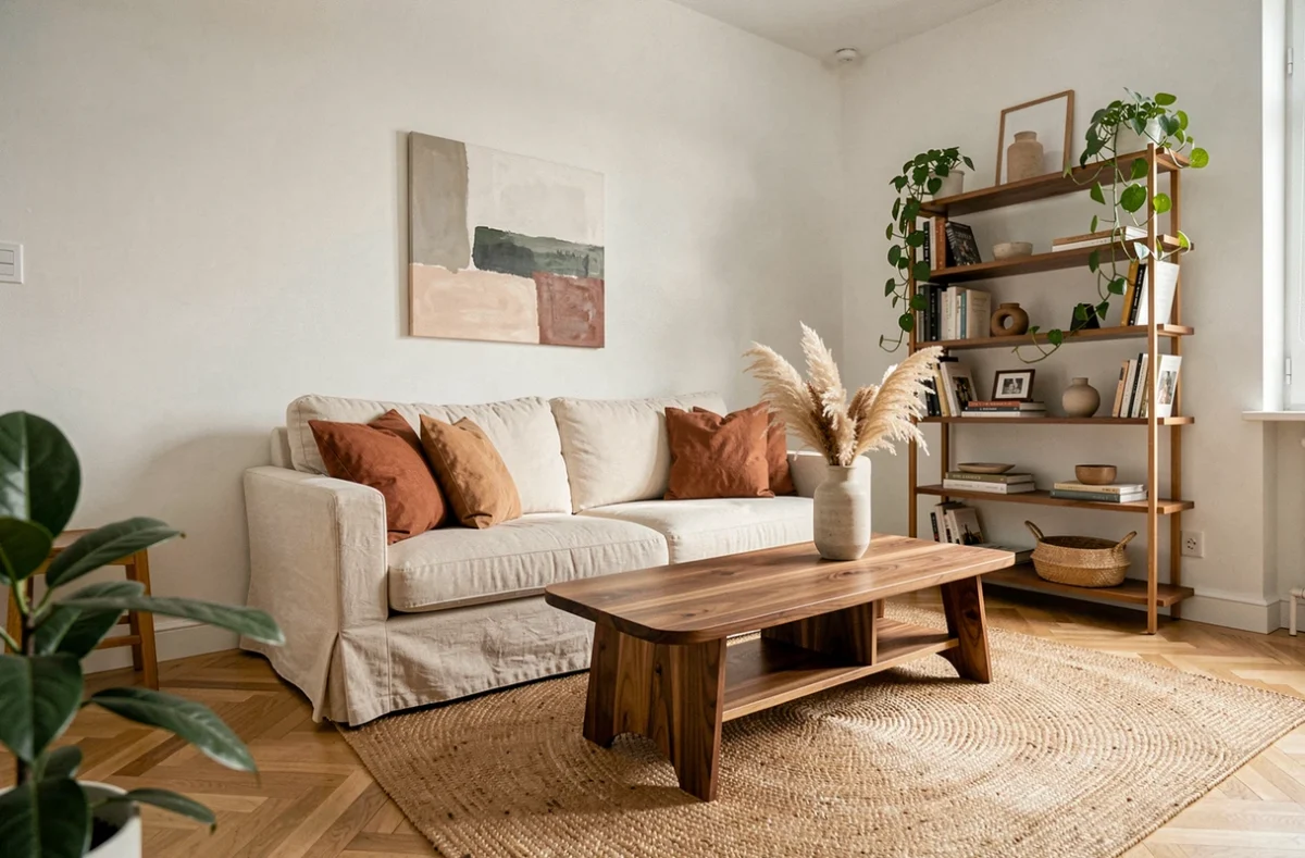 Salon scandinave élégamment décoré avec canapé en lin crème, table basse en noyer et plantes vertes pour une ambiance chaleureuse et tendance